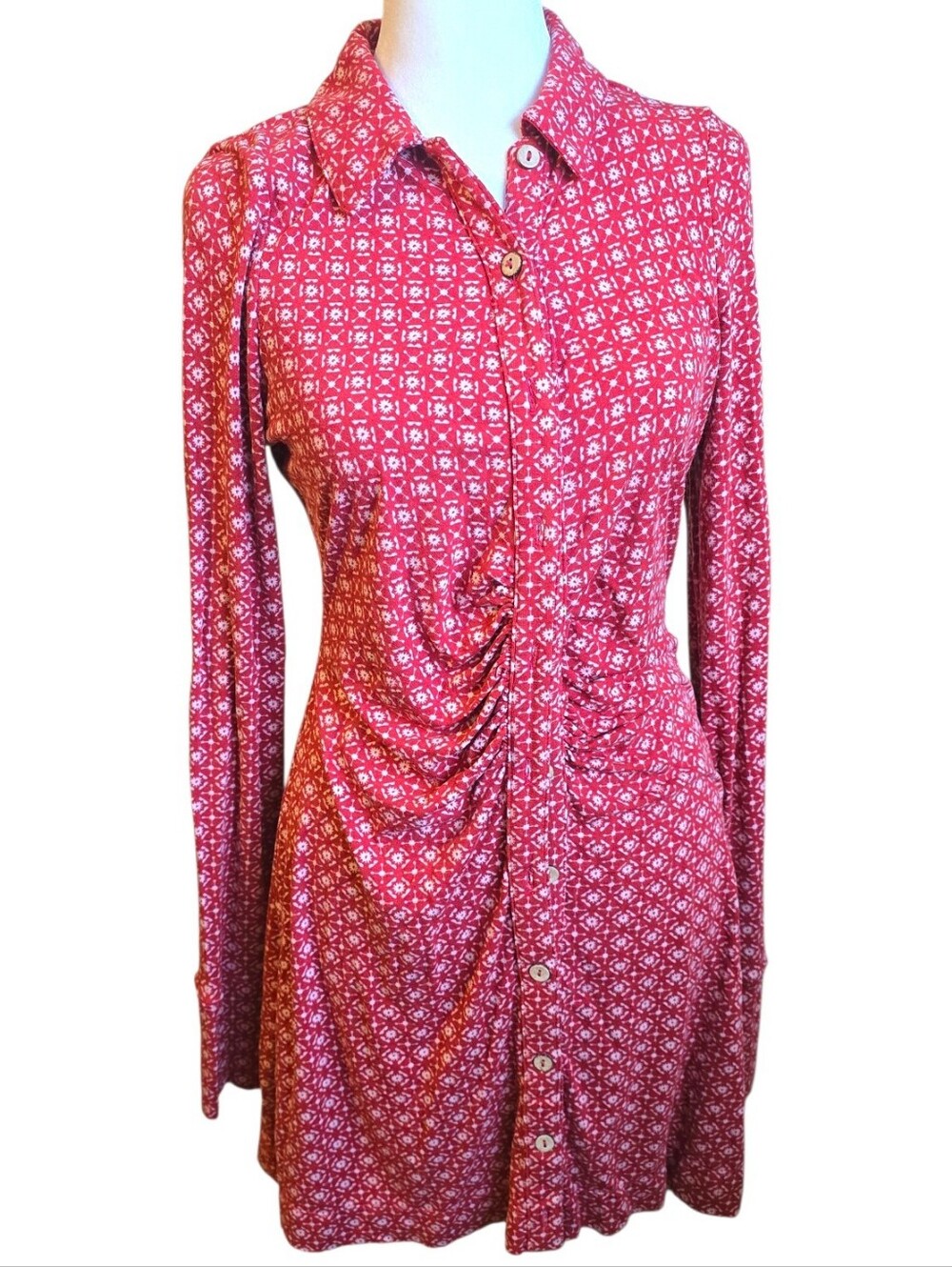 Free People Red Geometric Print Ruched Front Midi Shirt Dress - Size M